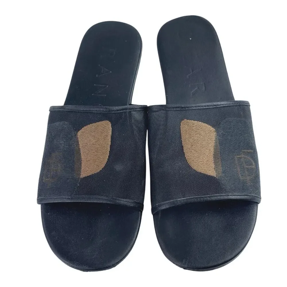 Dear Frances Women's Black Tan Lounge Embroidery Slip On Slides Sandals Size 6